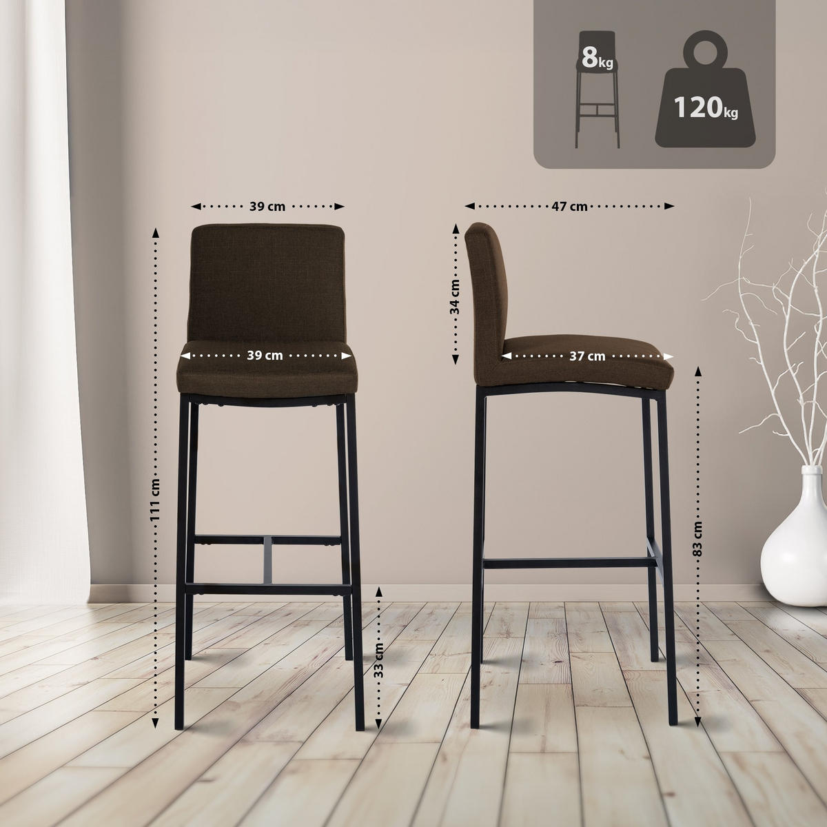 BARHOCKER Stoff Braun - Schwarz/Braun, Textil/Metall (43/111/47cm) - CLP