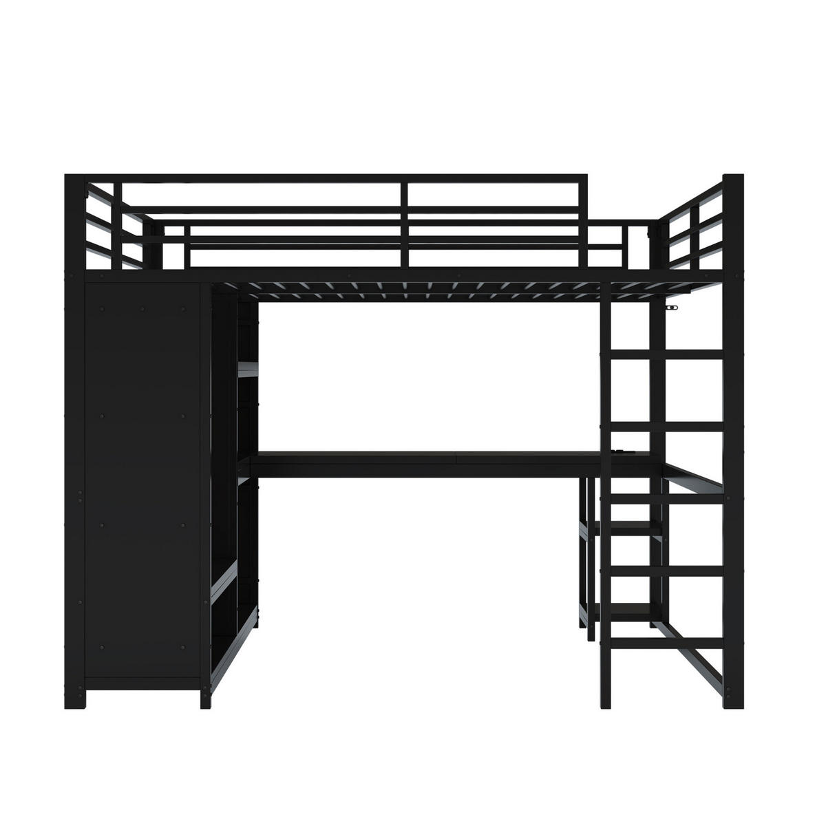 HOCHBETT aus Metall und MDF 160x200 cm Schwarz mit Schreibtisch, LED-Beleuchtung und offenem Kleiderschrank - Schwarz, Metall (160/200cm) - IVMEU
