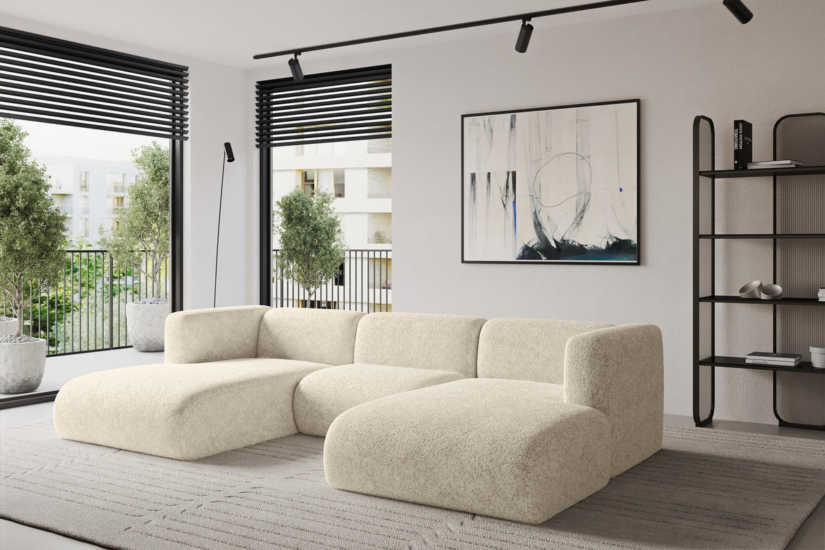 WOHNLANDSCHAFT MIRA-U1 317x179x70 Creme Velours - Creme/Schwarz, Holzwerkstoff/Kunststoff (317/70/179cm) - ALTDECOR