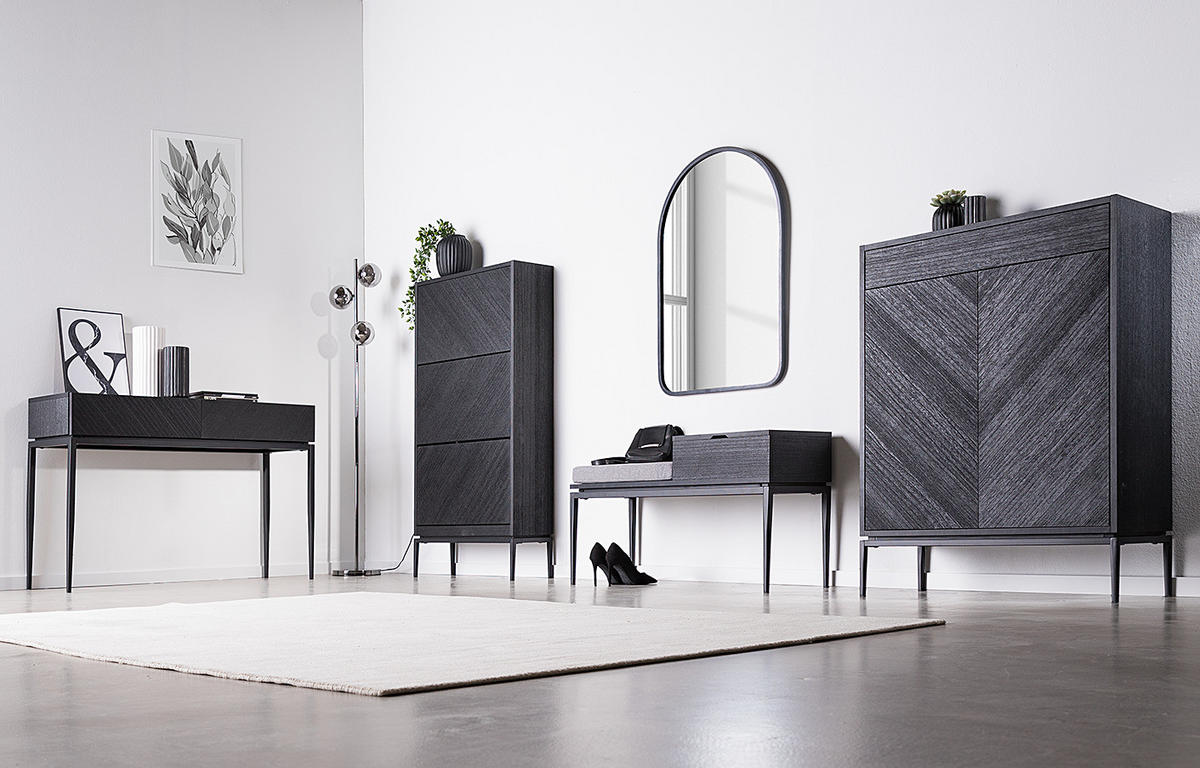 SCHUHKOMMODE - Echtholzfurnier / Eisen - Schwarz, Holzwerkstoff (85/112/36cm) - home24