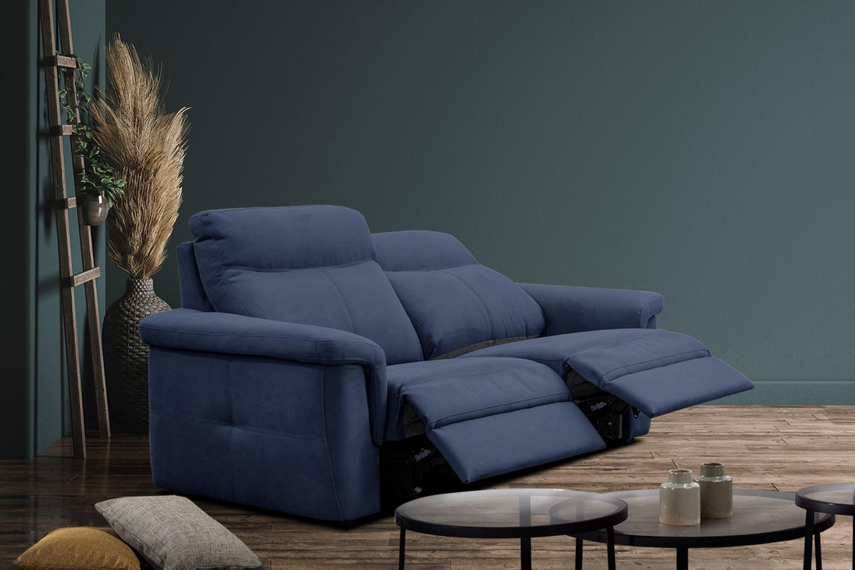 SOFA JONES 2-Sitzer mit 2 Relaxfunktionen, dunkelblau - Schwarz/Dunkelblau, Holz/Kunststoff (166/102/99cm) - Courtois Laville