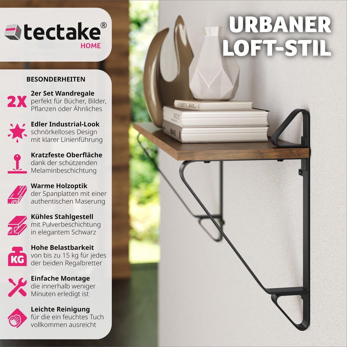 WANDREGAL 2er Set Irvine,60 x 20 x 33,5 cm,Industrial Holz dunkel, rustikal - Rostfarben, Holzwerkstoff (20/33.5/60cm) - tectake