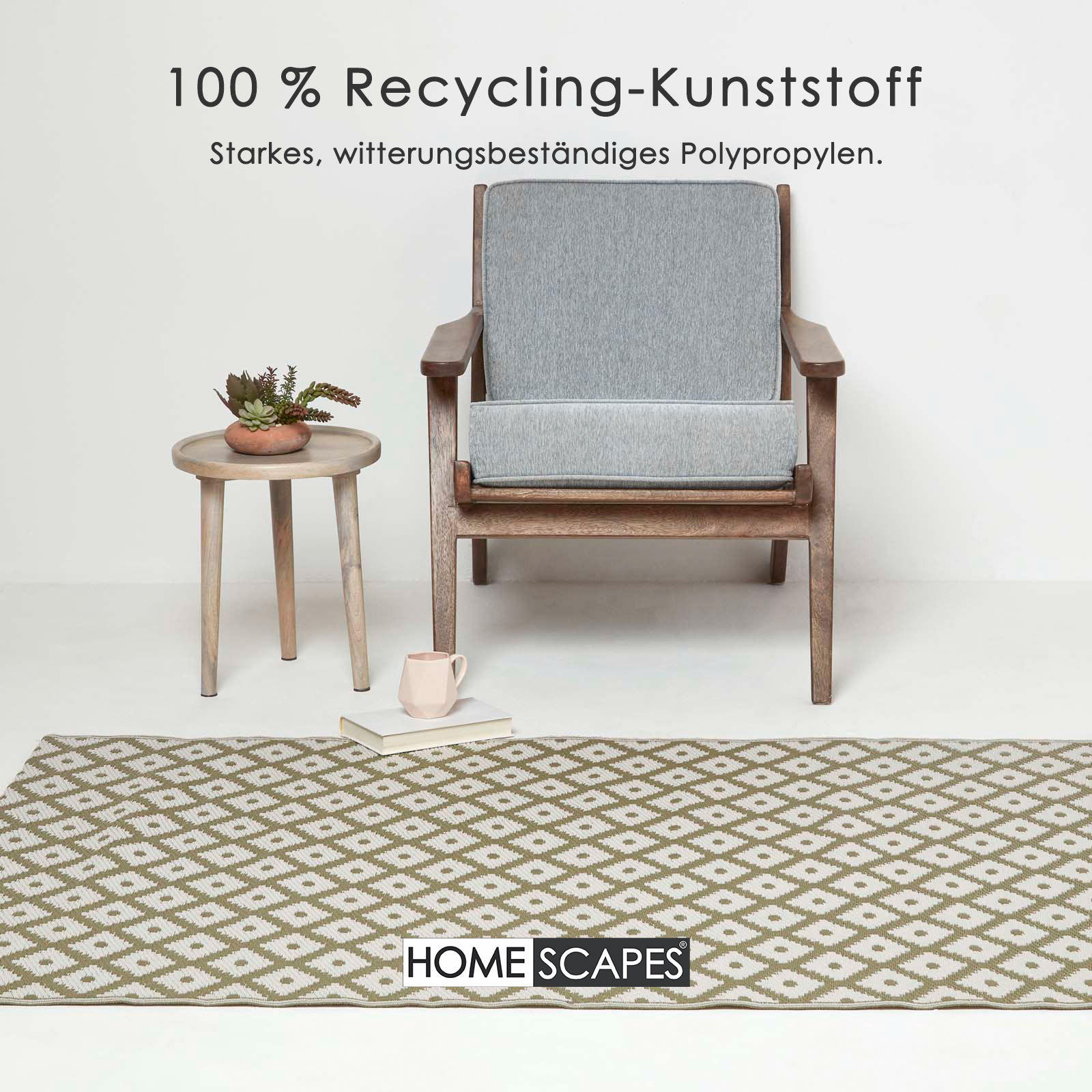 Thumbnail - Homescapes Outdoorteppich, Olivgrün, Kunststoff, Rauten, Rechteckig, 150x240 cm, Global Recycled Standard (Grs), Teppich...