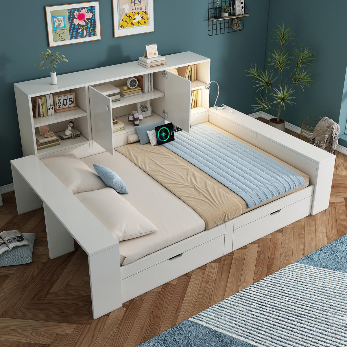 STAURAUMBETT 140x200 Weiß Holz Schubladen USB - Weiß, Holzwerkstoff (140/200cm) - FLIEKS