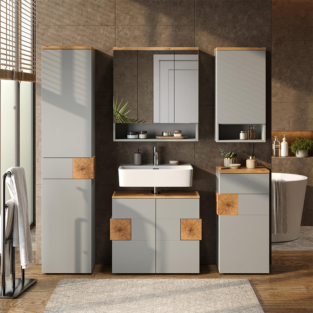 BADSPIEGELSCHRANK Eden Grau/Artisan 70 x 77.5 cm mit 3 Spiegeltüren - Hellgrau/Grau, Holzwerkstoff (70/77.5/21.7cm) - Vicco