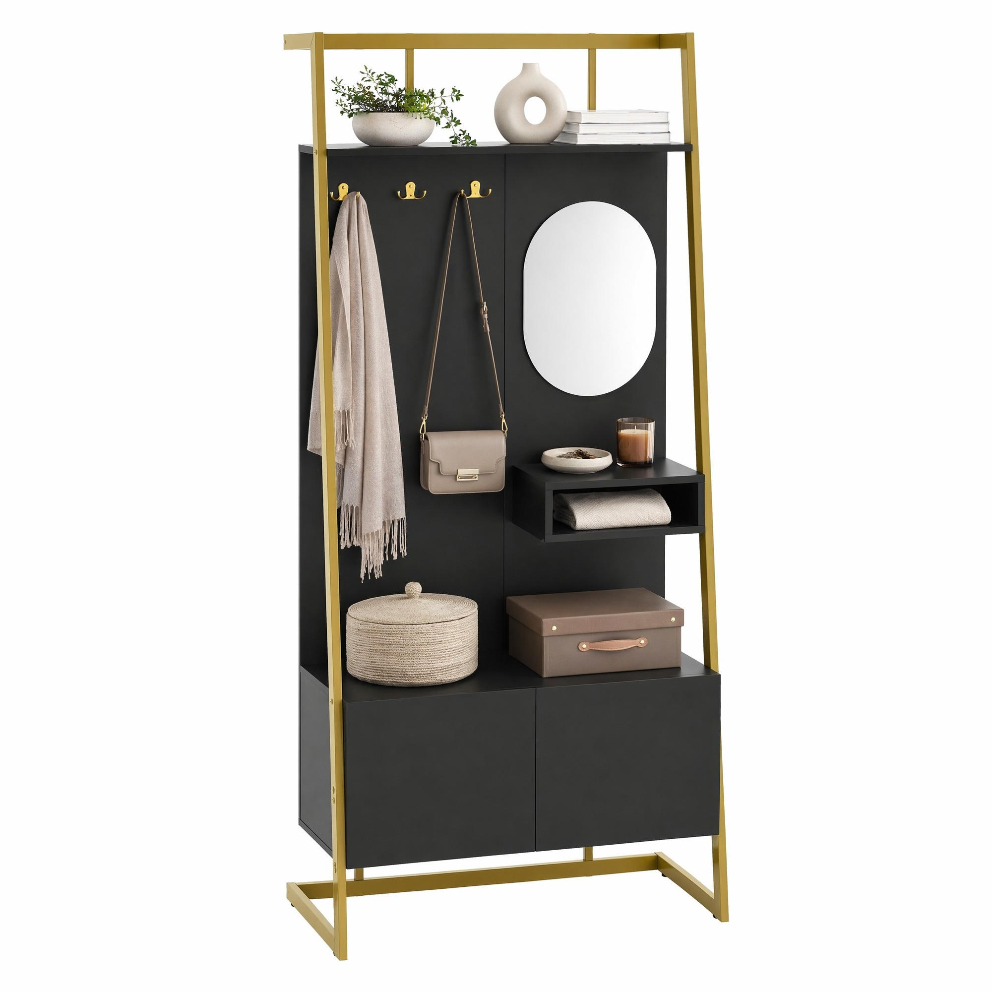 GARDEROBE mit Spiegel und Schuhbank 78 x 38,5 x 180,5 cm Schwarz - Schwarz, Holzwerkstoff (38.5/180.5/78cm) - Beauniv
