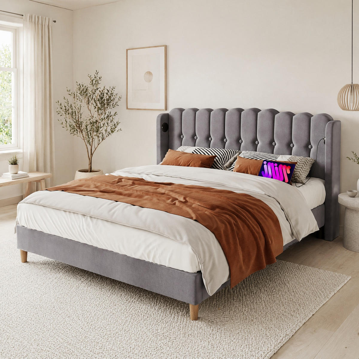 POLSTERBETT 180/200 cm in Grau mit USB und Type-C Leinen - Grau, Holzwerkstoff/Textil (180/200cm) - CHICFURN