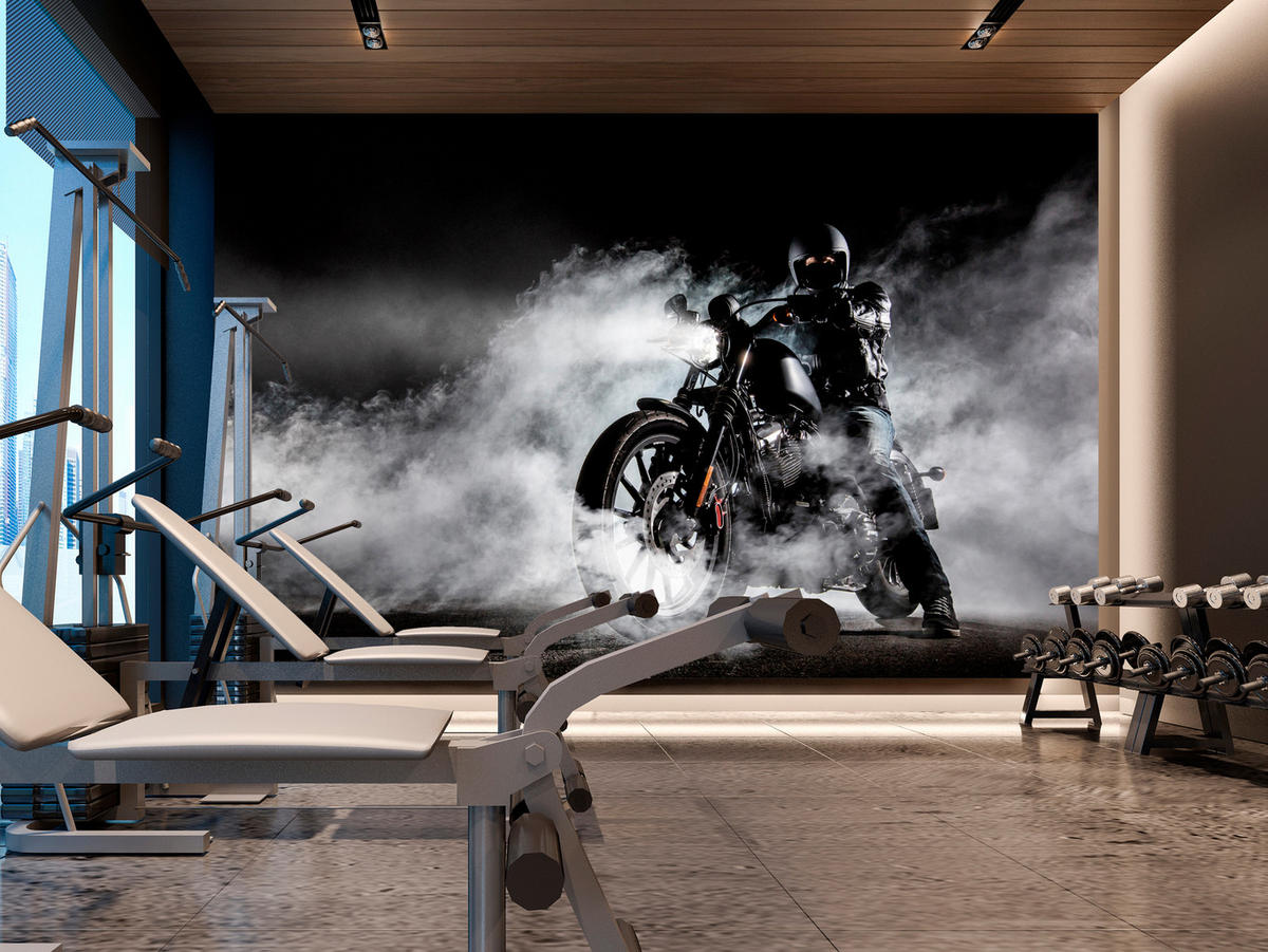 FOTOTAPETE für Jugendzimmer Motorrad Nebel Mann Straße Rauch Sport Action 200x140 - Schwarz/Weiß, Papier (200/140cm) - Muralo