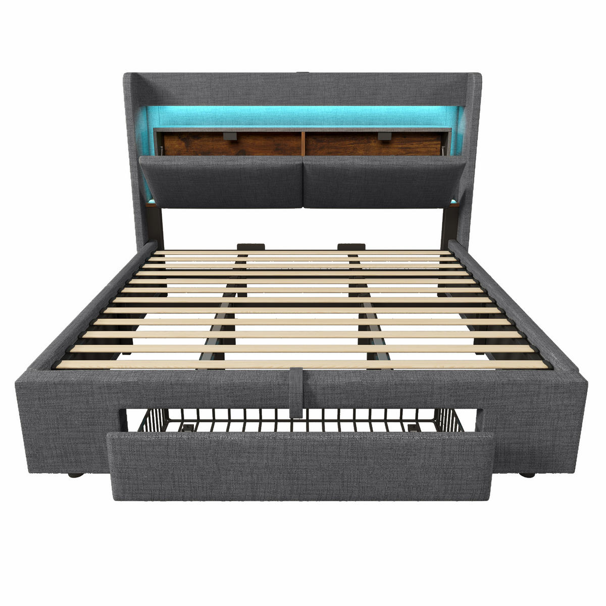 POLSTERBETT 180/200 cm mit LED, USB & USB-C, hydraulischem Stauraum und Kopfteil mit Ablage, Grau - Grau, Textil (180/200cm) - Redom