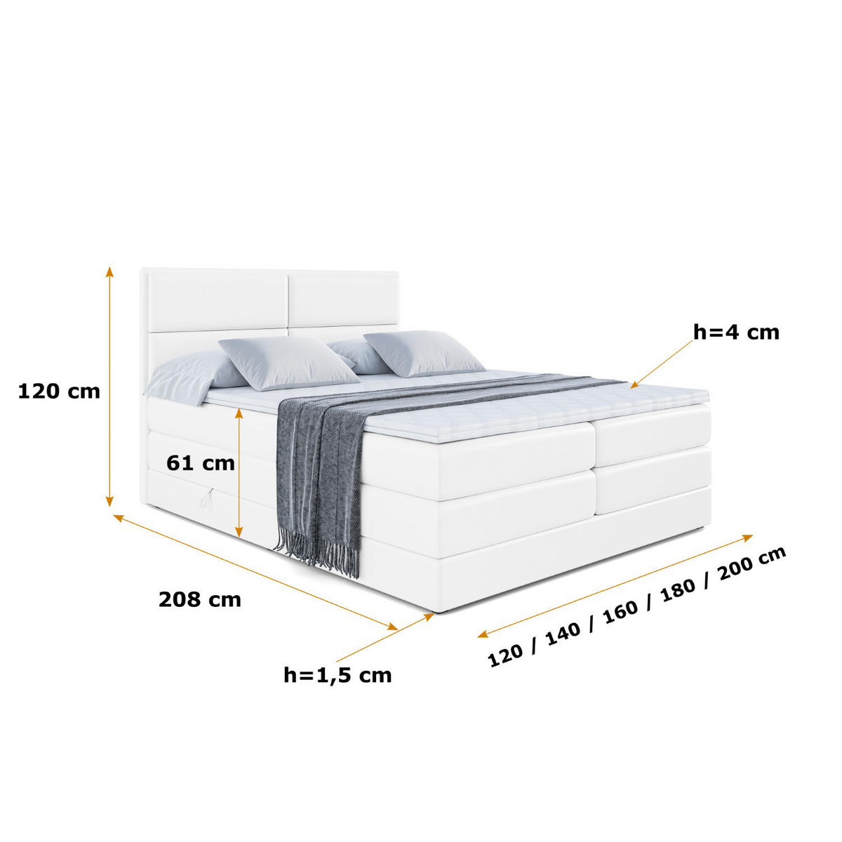 BOXSPRINGBETT AURA KING - 140 x 200 - H3/H4 - Weiß Hochglanz - Weiß Hochglanz, Holzwerkstoff (140/200cm) - ALTDECOR
