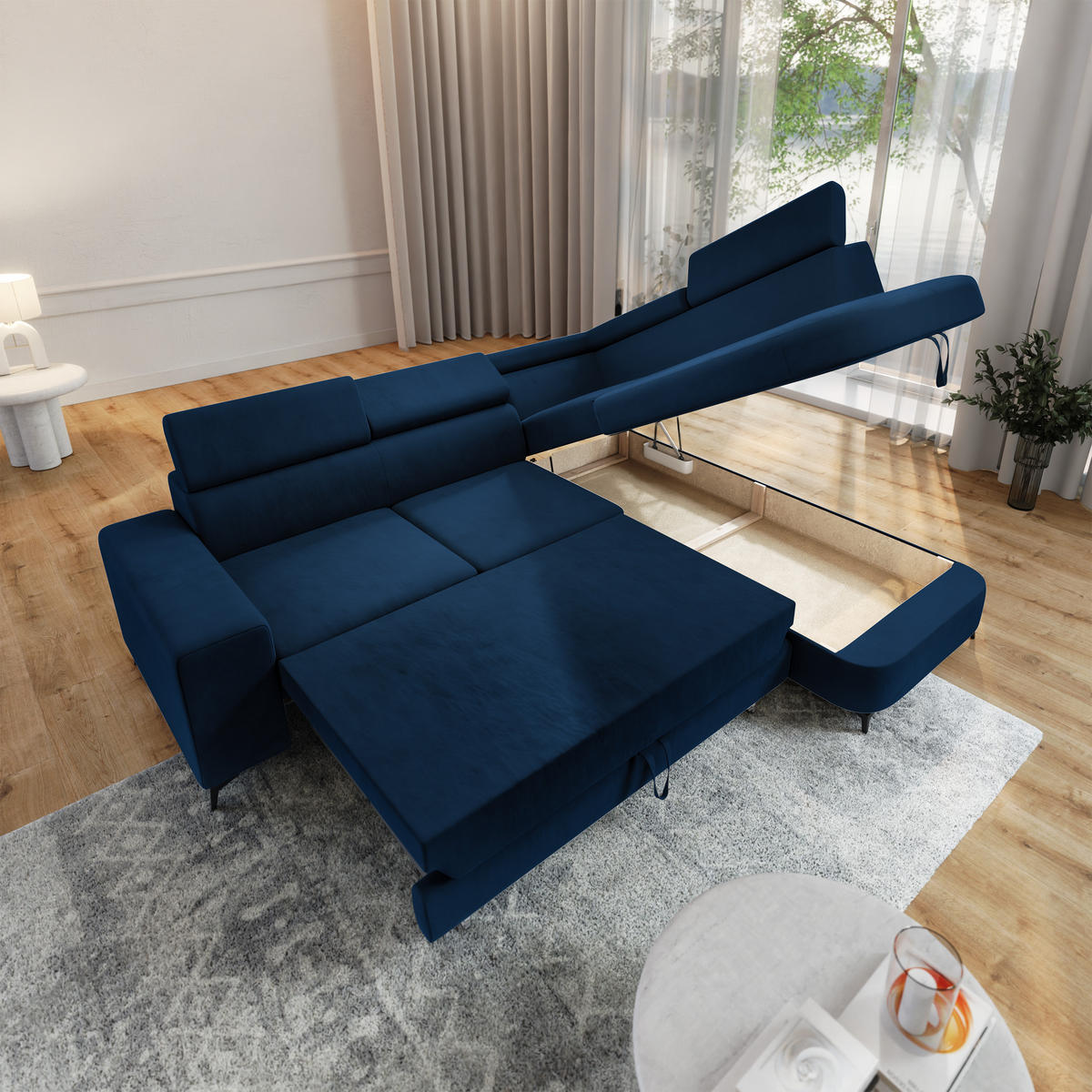 ECKSOFA ALVORO R-S Blau Velours-Stoff mit Schlaffunktion - Blau, Holz (253/190cm) - MASSENO