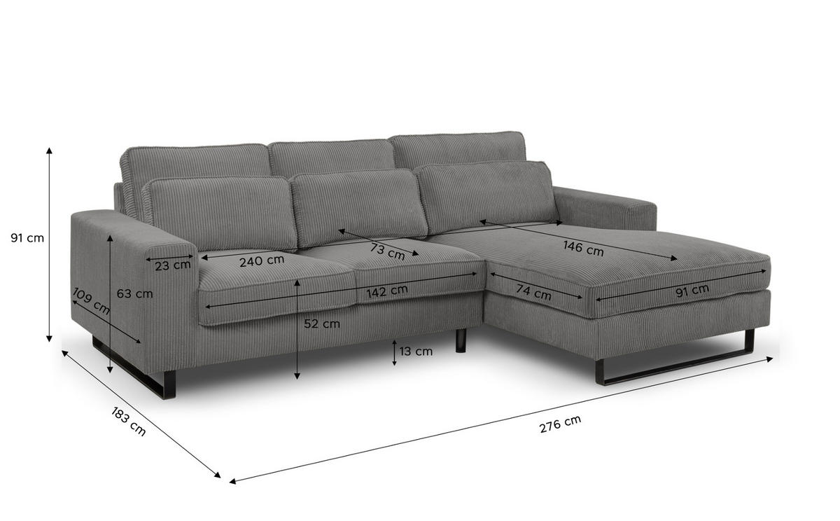 SOFA grau Cord 276 cm, Ecksofa 4-Sitzer, L-Sofa Ottomane rechts - Schwarz/Grau, Holz/Textil (276/183cm) - Inn.Furn