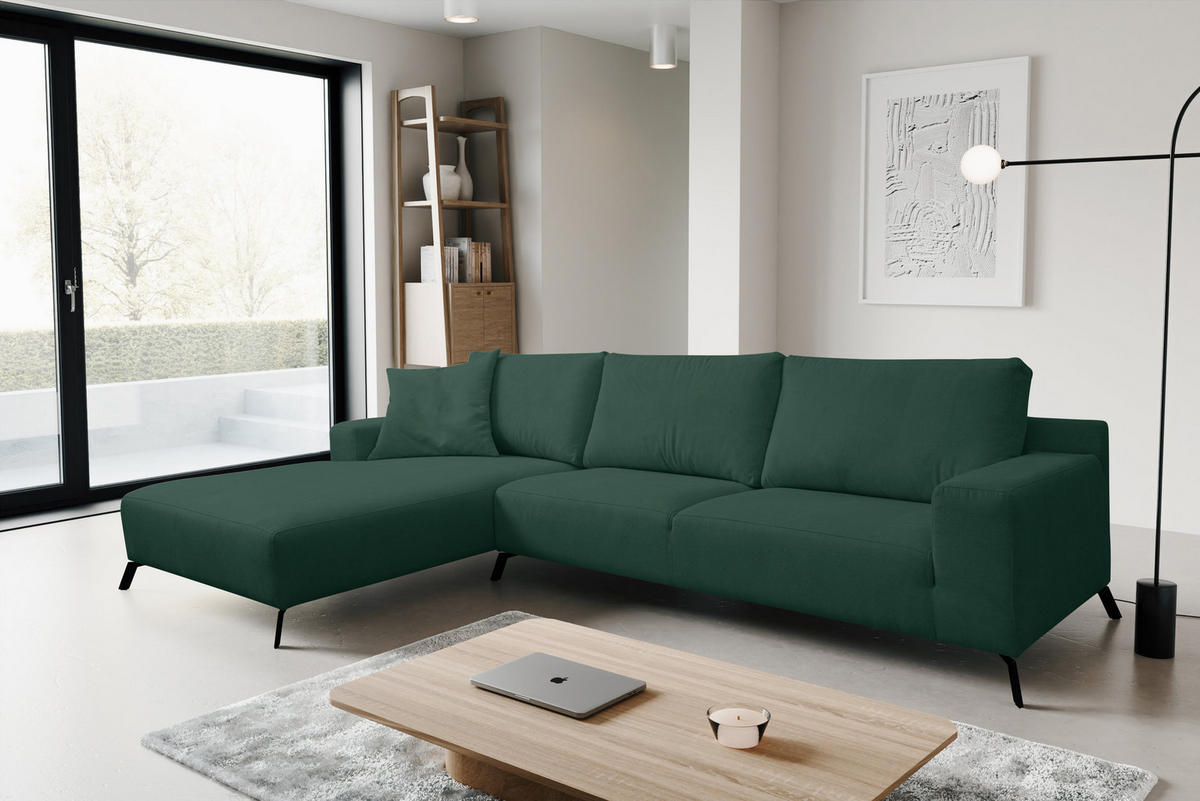 ECKSOFA Aspen in L-Form, Coach Farbe: Grün, Velourstoff, Ottomane Links - Grün, Textil (187/312cm) - VENASI MÖBEL