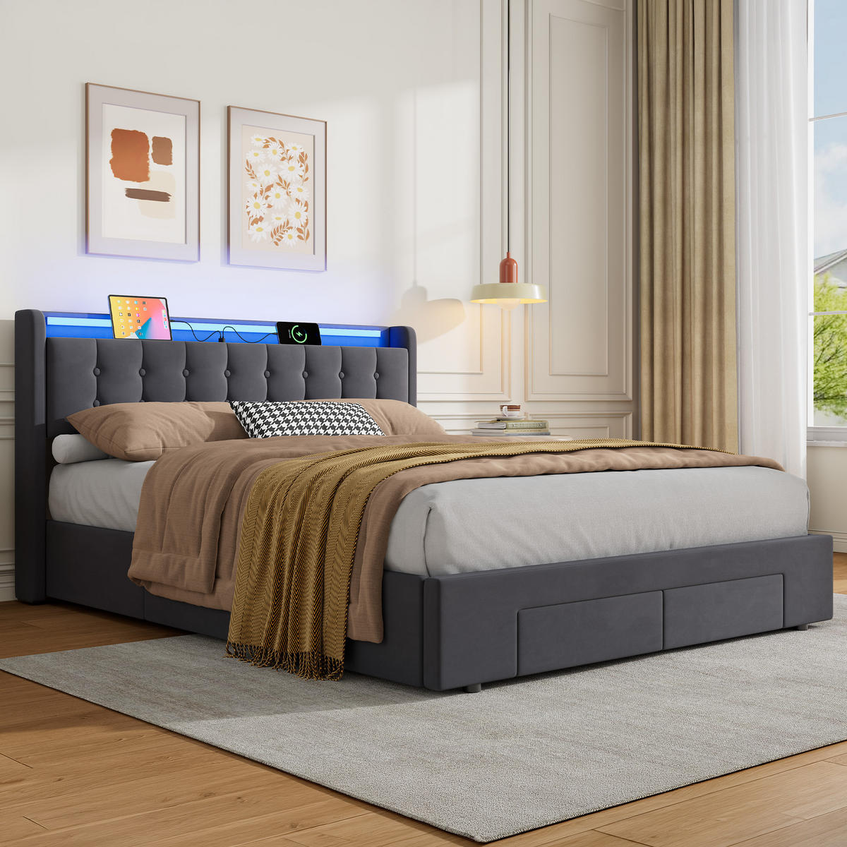 POLSTERBETT 160/200 cm mit Stauraum und Steckdose, mit Schubladen, ohne Matratze - Grau, Holzwerkstoff/Textil (160/200cm) - STILVORA