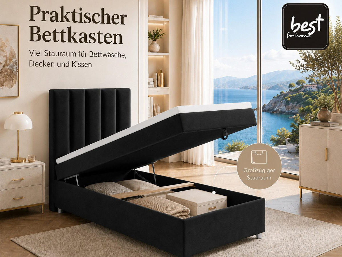 BOXBETT mit Bettkasten Trinity K-10 SINGLE Bonellfederkern inkl. Topper - Schwarz, Holz/Holzwerkstoff (100/200cm) - Best For Home