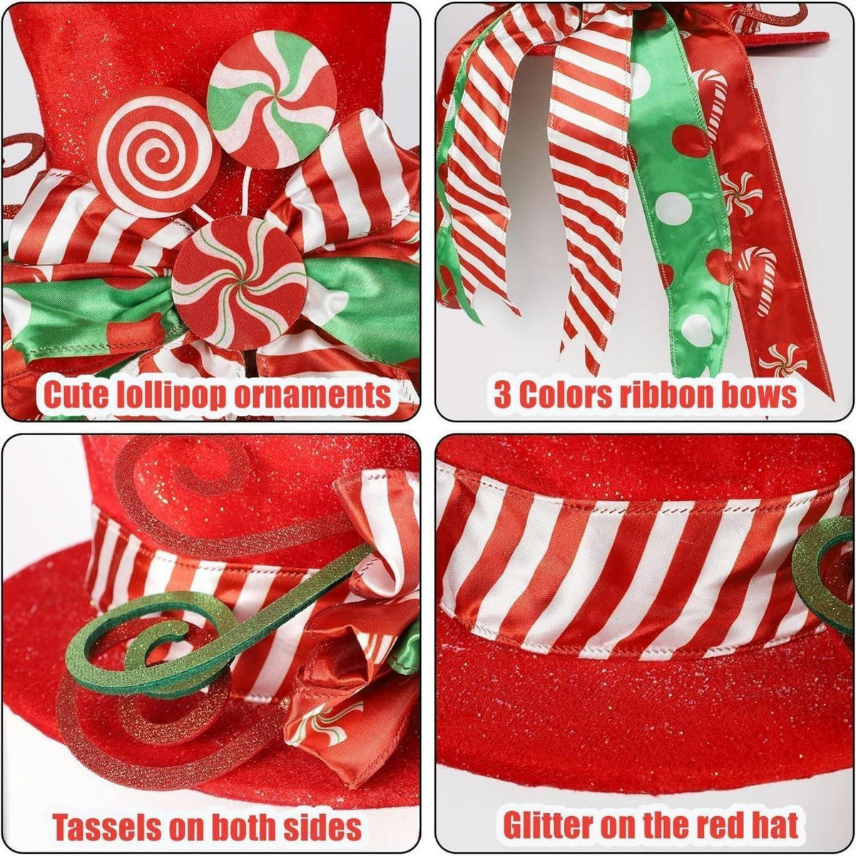 WEIHNACHTSBAUMSPITZE 30 cm Rot mit Schleifenband und Lutscher - Multicolor, Textil (15cm)