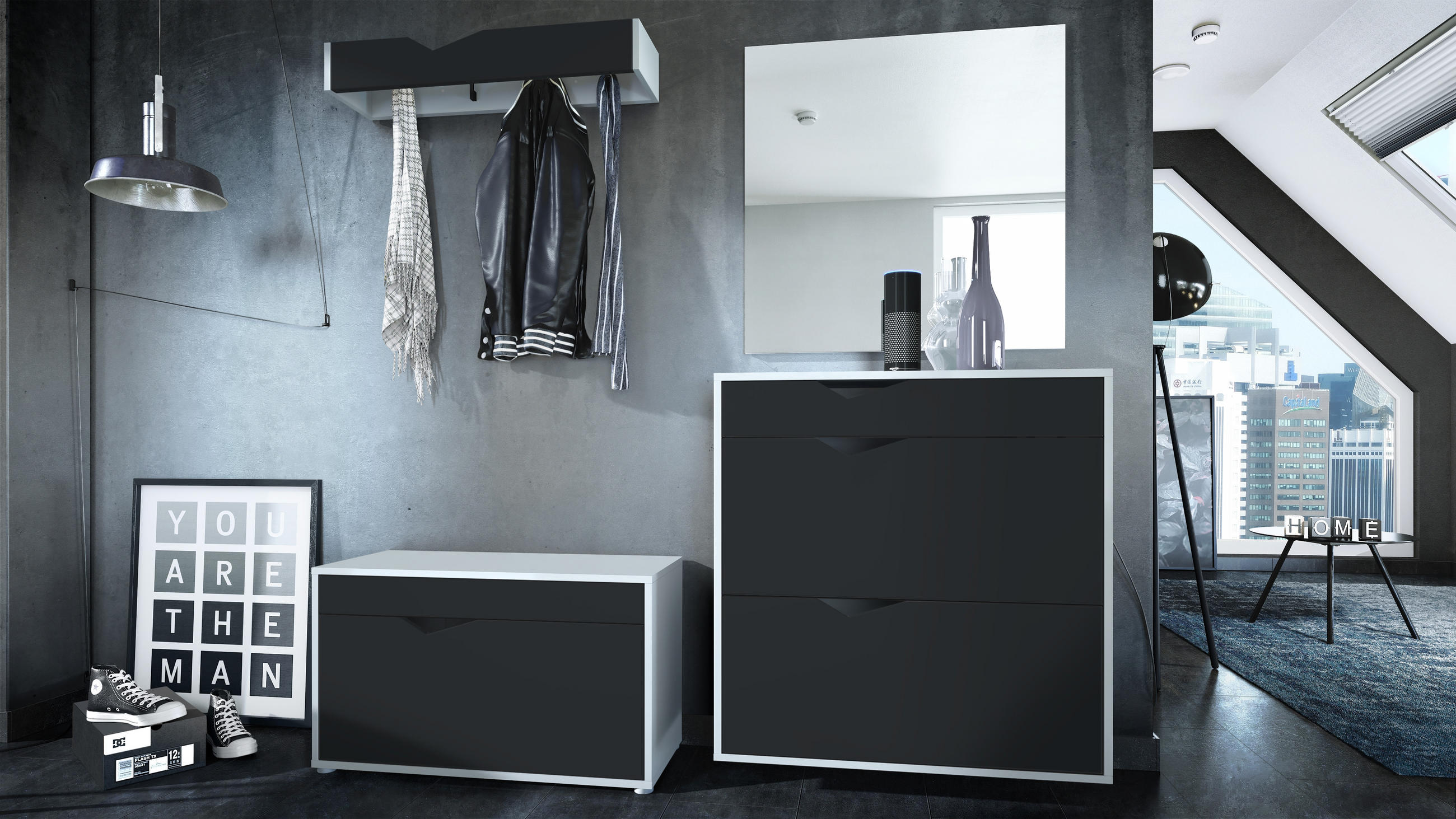GARDEROBE Kolmio Fronten in Schwarz matt - Schwarz, Holzwerkstoff (190/185/33cm) - Vladon