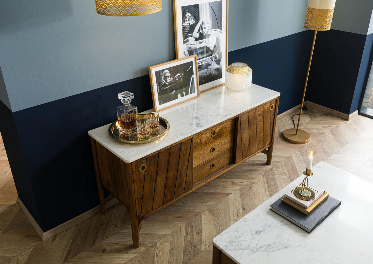 SIDEBOARD Mango 140x45x65 braun geölt / echter Marmor LOS ANGELES #08 - Braun, Holz (140/65/45cm) - Massivmoebel24