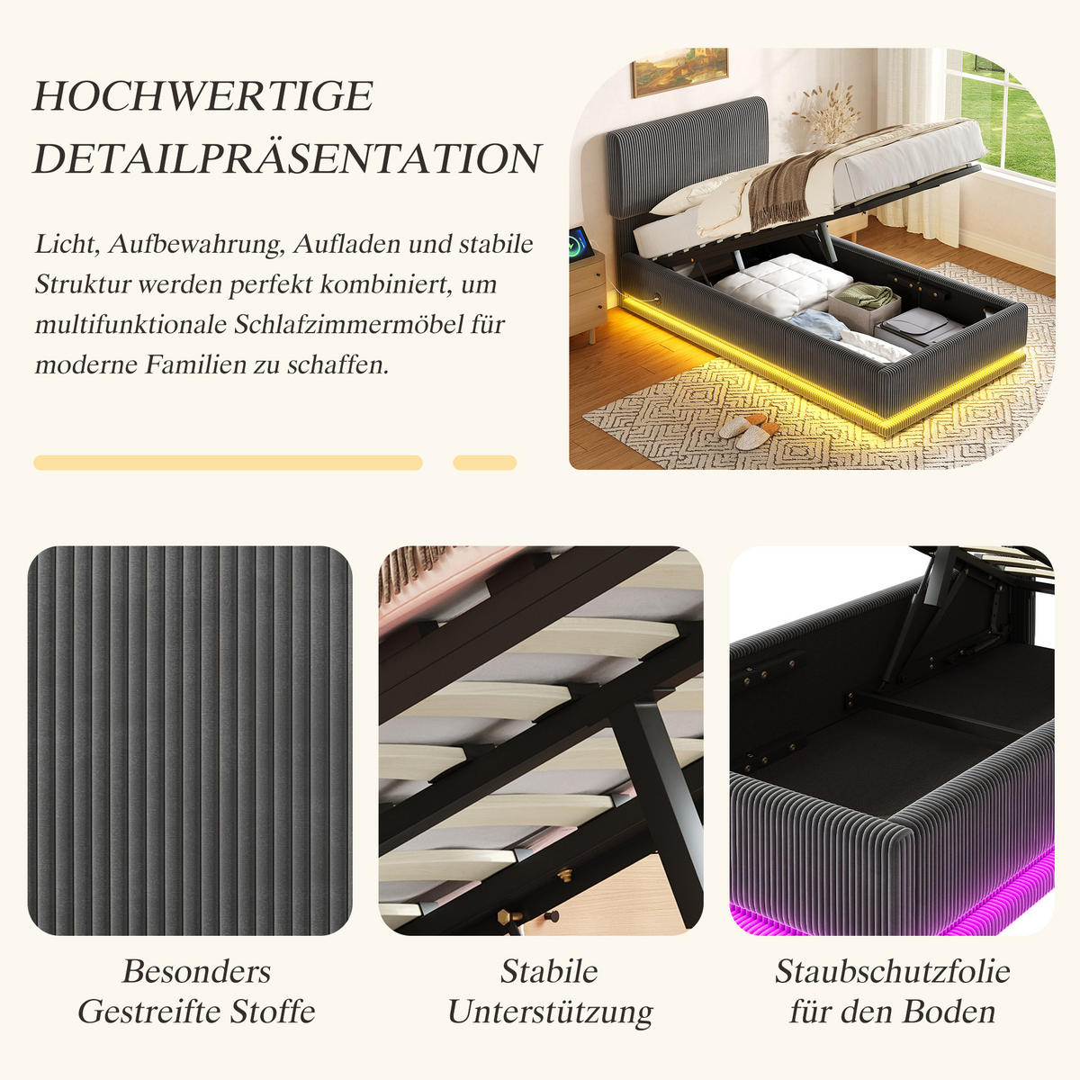 POLSTERBETT 90x200 cm LED USB Stauraum grau - Dunkelgrau, Textil (90/200cm) - LEBENLANG