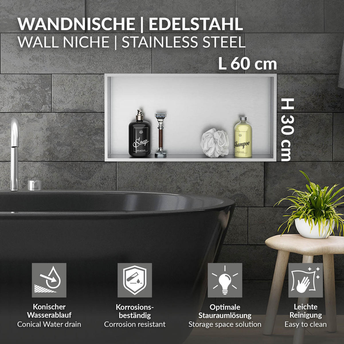 DUSCHNISCHE Silber 60/30 cm - Silberfarben, Metall (60/30/10cm) - LuxeBath