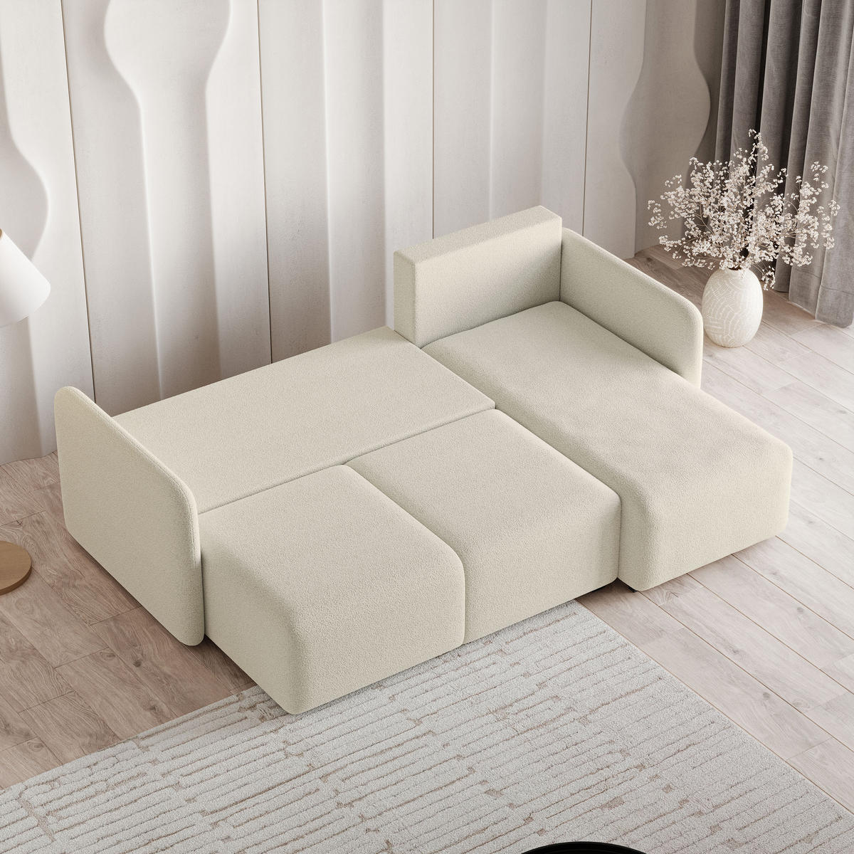 ECKSOFA SUVINO Creme Boucle-Stoff mit Schlaffunktion - Creme, Holz (230/143cm) - MASSENO