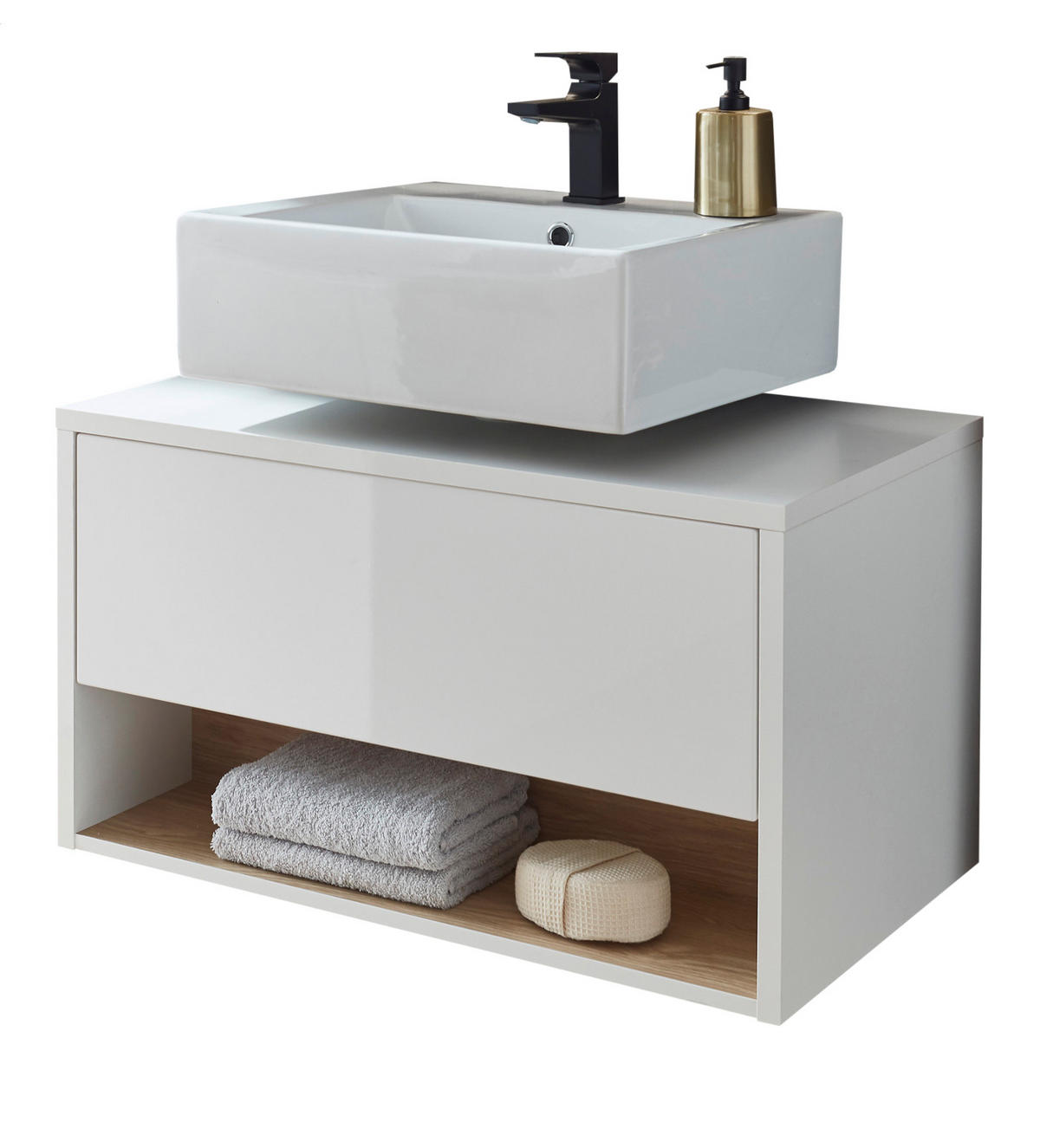 WASCHBECKENUNTERSCHRANK weiß Hochglanz, Eiche 80 cm, Bad Unterschrank mit Push-to-Open - Weiß Hochglanz, Holzwerkstoff (80/46/46cm) - Furn.Design