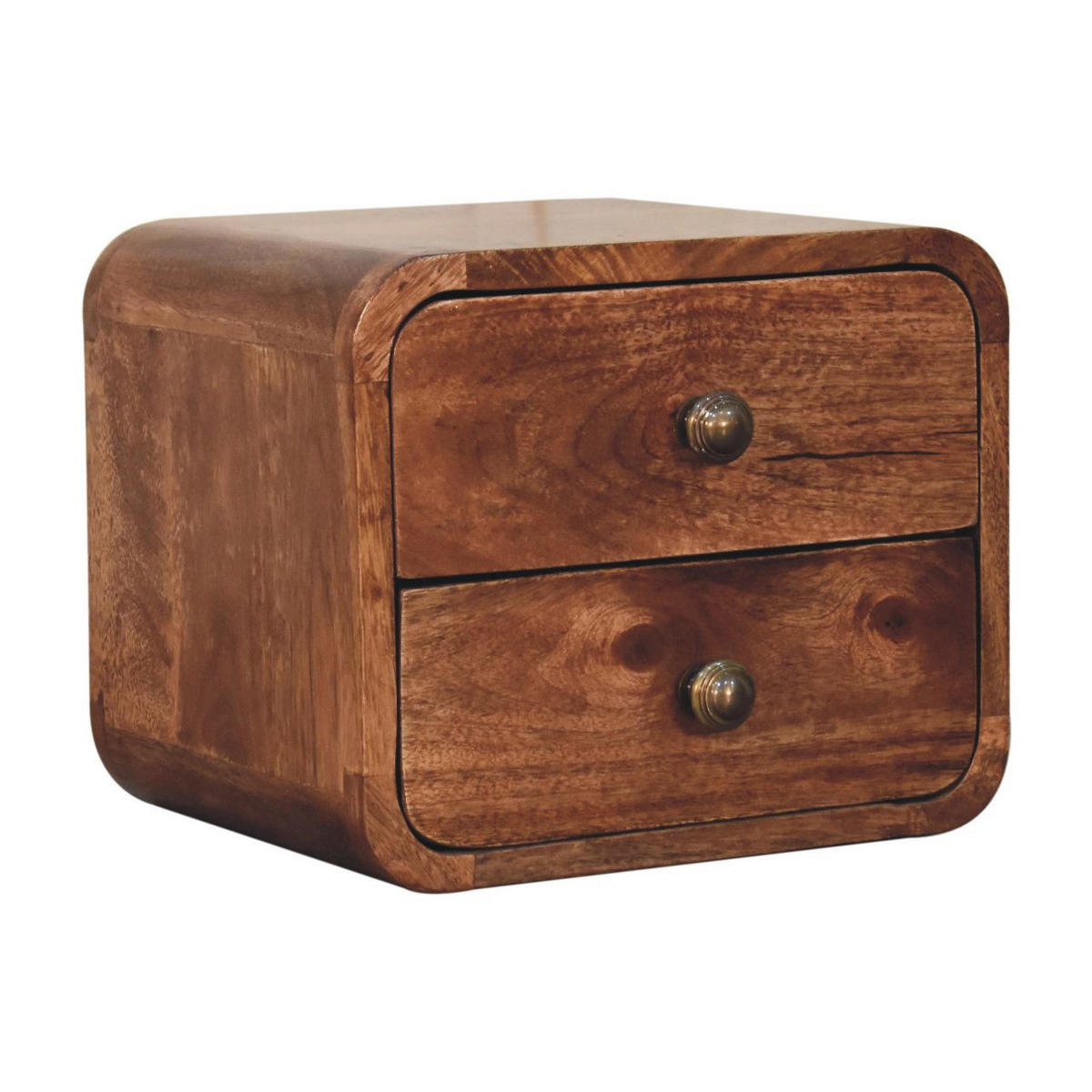 NACHTKASTEN Mini Geschwungen Honigkaramell Wandmontiert, 2 Schubladen, Dunkelbraun - Cognac/Messingfarben, Holz/Metall (30/25/25cm) - Artisan Furniture