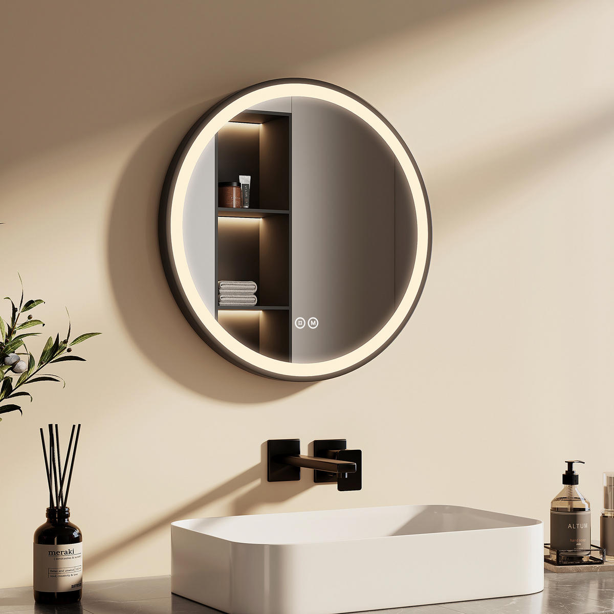 OGLINDA de baie cu LED-uri Ø 50 cm - negru, sticlă (50/50/3.5cm) - EMKE