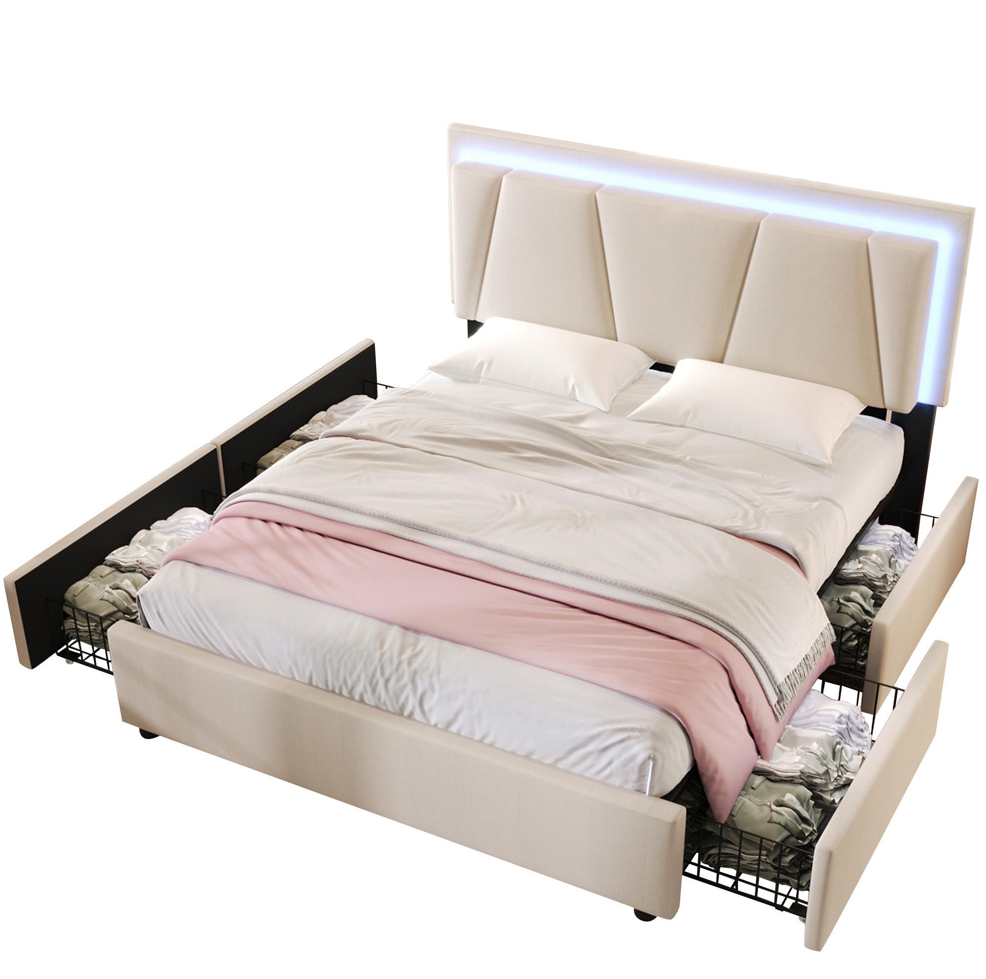 POLSTERBETT 160/200 cm mit Matratze, LED-Beleuchtung, 4 Schubladen, höhenverstellbarem Kopfteil, Beige - Beige, Holz (160/160cm) - Redom