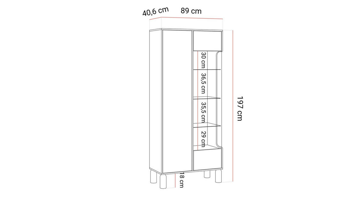 VITRINE LINDEN 89/40,6/197 cm mit Glastür mit LED Eiche Bookmatch - Eichefarben, Eichenholz/Holzwerkstoff (89/197/40.6cm) - Lookway