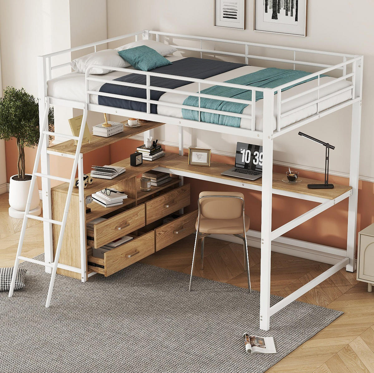 HOCHBETT 140/200 cm Weiß aus Metall und MDF mit L-förmigem Schreibtisch - Weiß, Holzwerkstoff (140/200cm) - OKMYHOME
