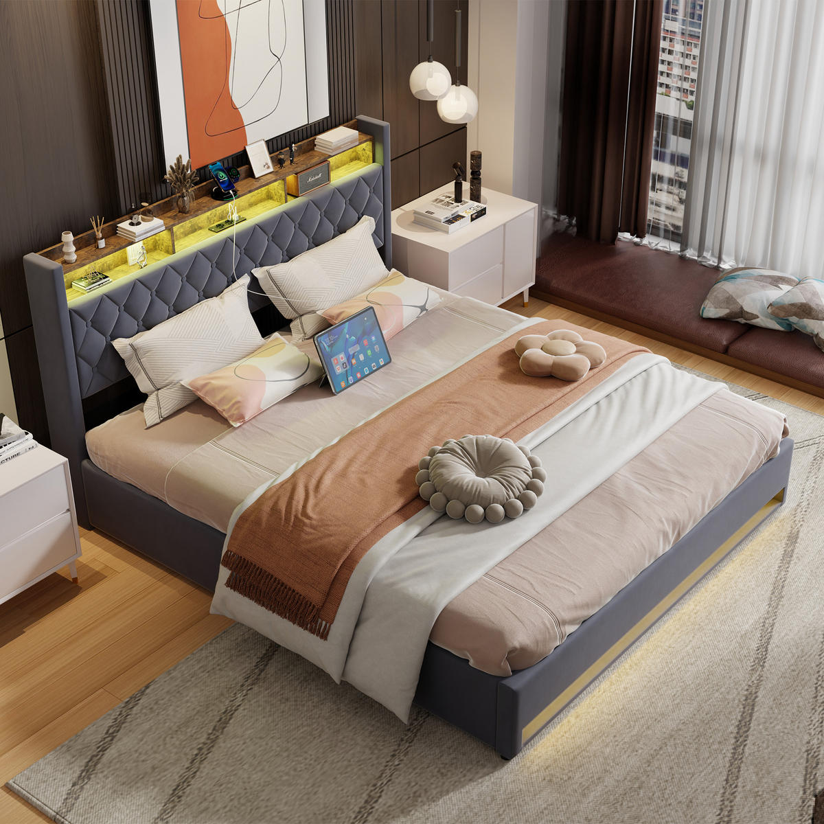 POLSTERBETT 180x200cm mit LED-Beleuchtung und mit Matratze,graues Bett - Grau, Holzwerkstoff/Textil (180/200cm) - EVRYAE