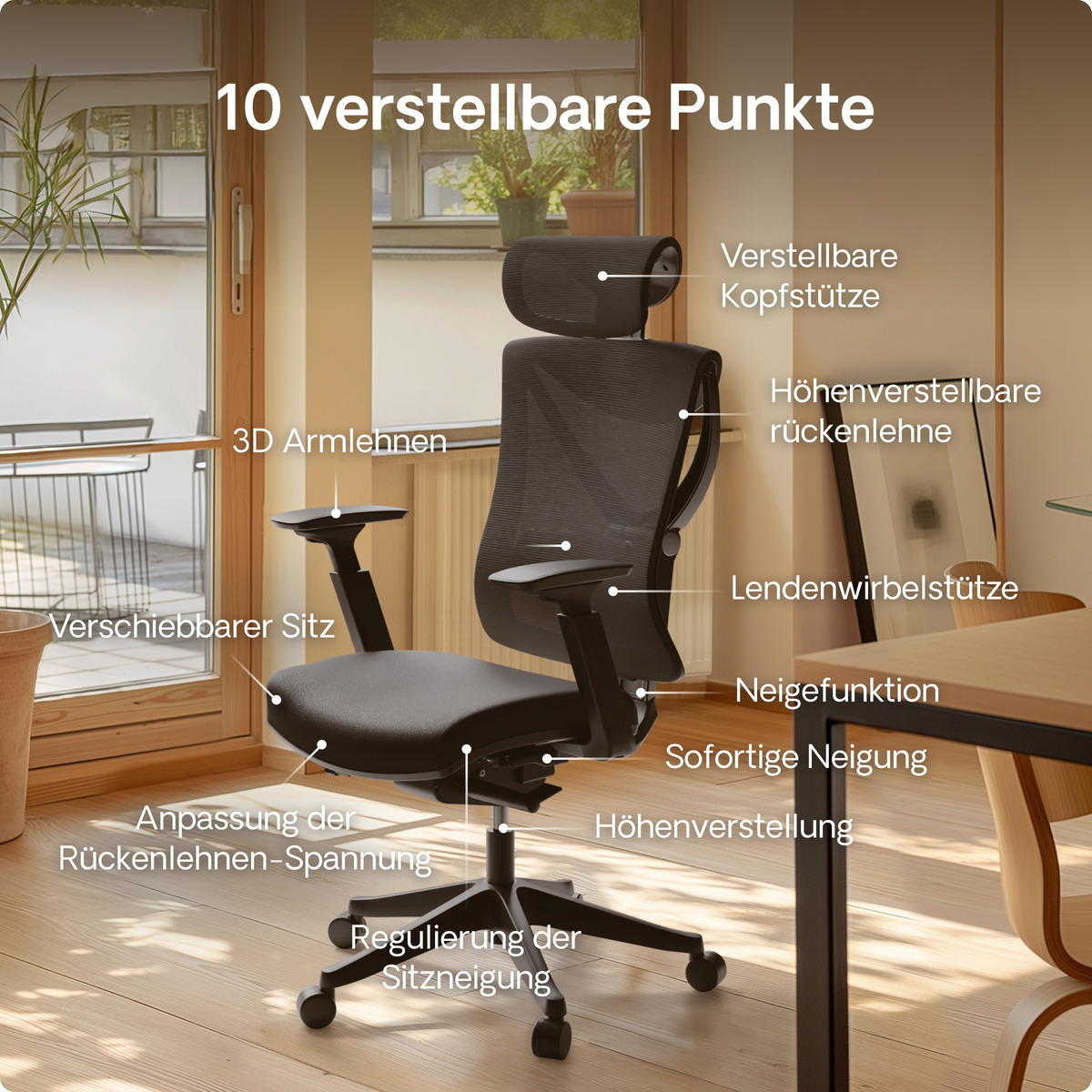 BÜROSTUHL Verstellbarer Ergonomischer SitPro Schwarz 3-Dimensional Armlehne, Integrierte 5-Wege-Lendenwirbelstütze - Schwarz, Kunststoff (72/113/67cm) - Desktronic