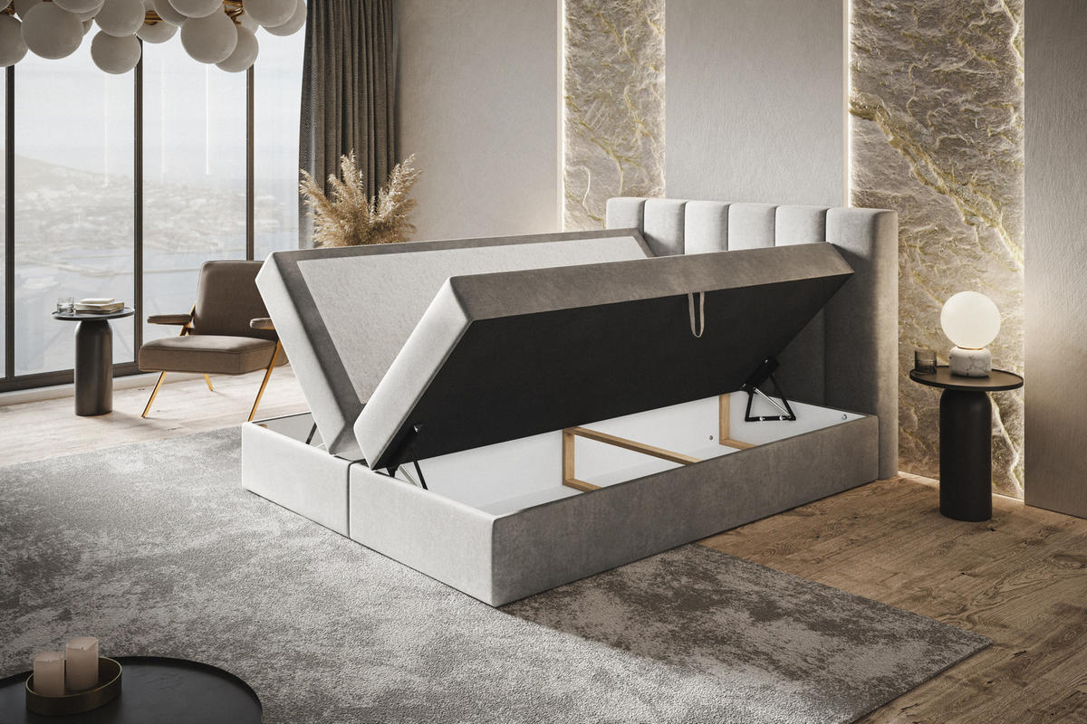 BOXBETT TOKIO mit 2 Bettkästen, 140x200, Farbe: Beige, Velourstoff, Doppelbett mit Bonell-Matratze - Beige, Holz/Kunststoff (140/200cm) - Alpi-Möbel