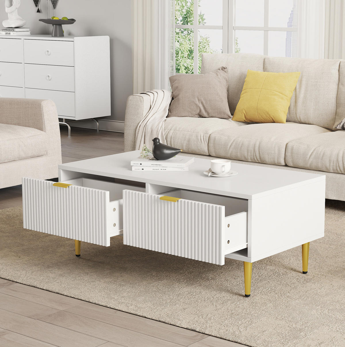 COUCHTISCH aus MDF 100x50x40 cm in Weiß mit 2 Schubladen - Weiß, Holzwerkstoff (100/50/40cm) - Modfu