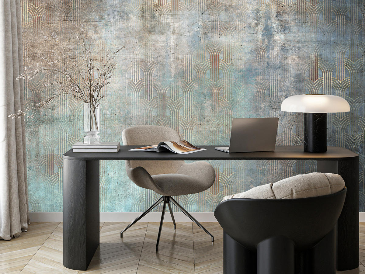 FOTOTAPETE für Wohnzimmer Abstrakter Bogen Mural Geometrie 450x315 - Türkis/Beige, Papier (450/315cm) - Muralo