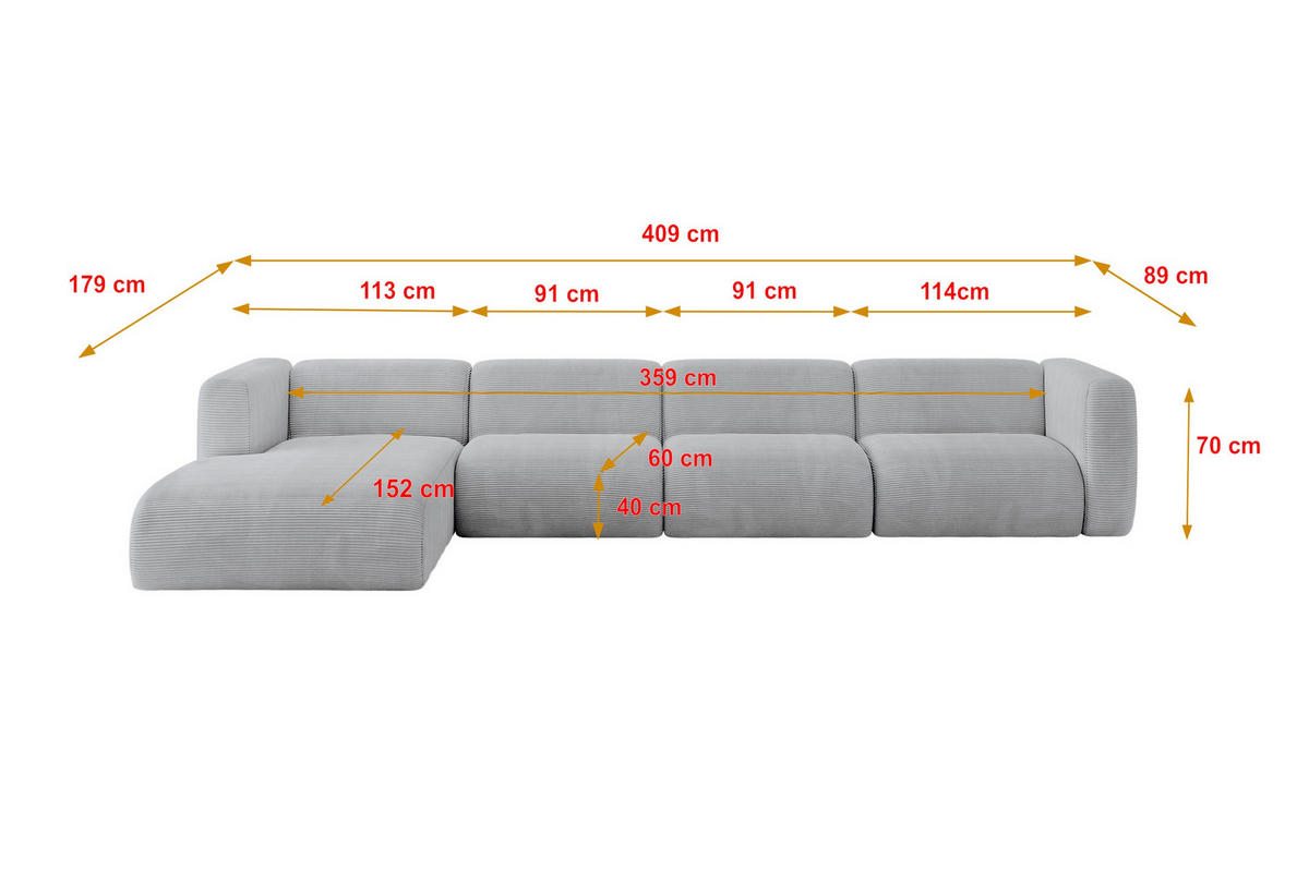 ECKSOFA Ottomane Links MIRA-L3 409x179x70 Grau Cord - Blaugrau/Schwarz, Holzwerkstoff/Kunststoff (409/179cm) - ALTDECOR