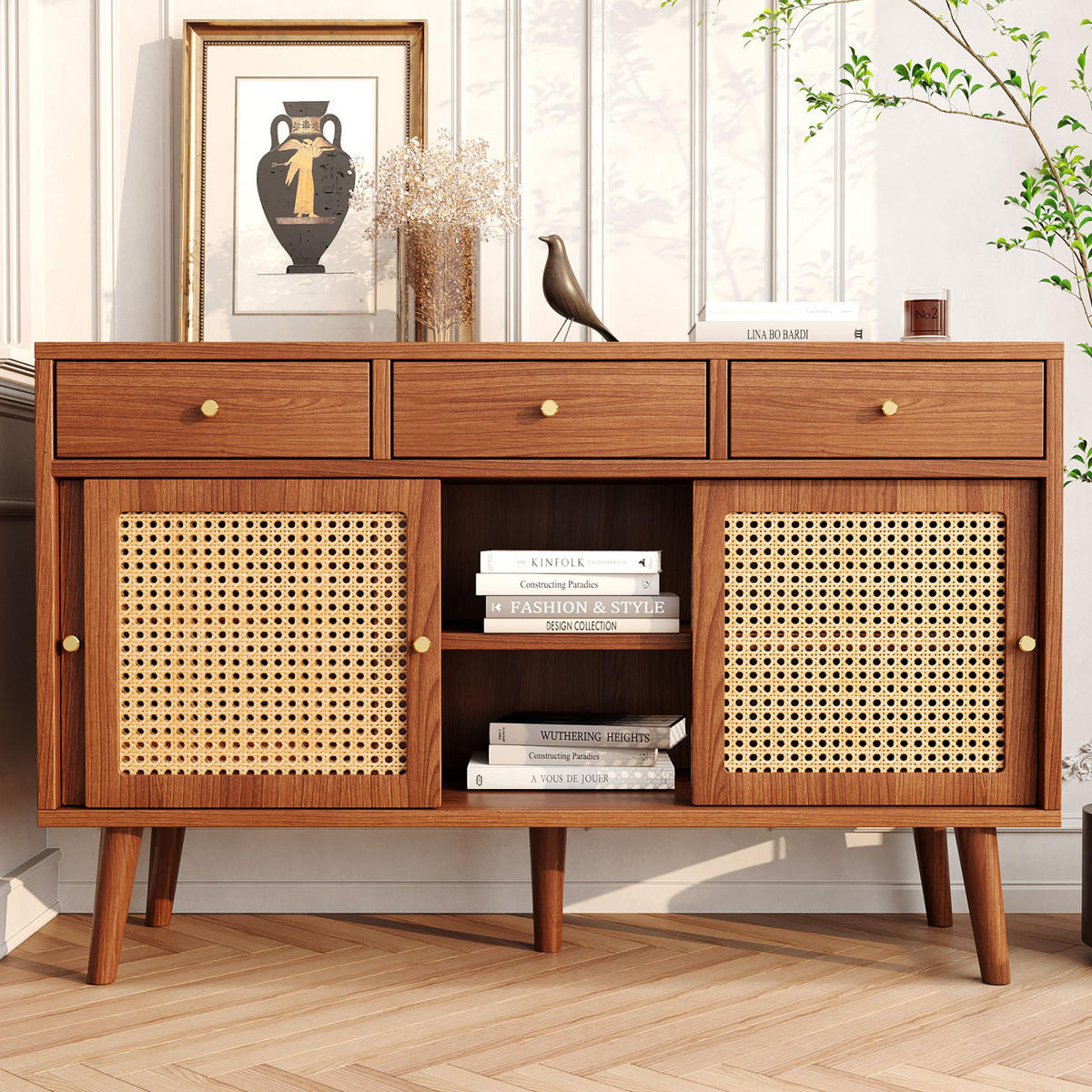 SIDEBOARD 120x40x78 cm, 3 Schubladen, Schiebetüren, Nussbaum - Kastanienfarben, Holz (120/78/40cm)