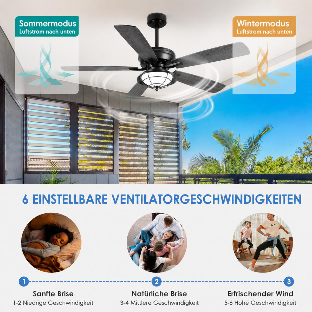 DECKENVENTILATOR für geschützte Außenbereiche Schwarz 132 cm mit LED und leisem DC-Motor 5013 - Schwarz, Metall (132.1/132.1/53.3cm) - Surtime