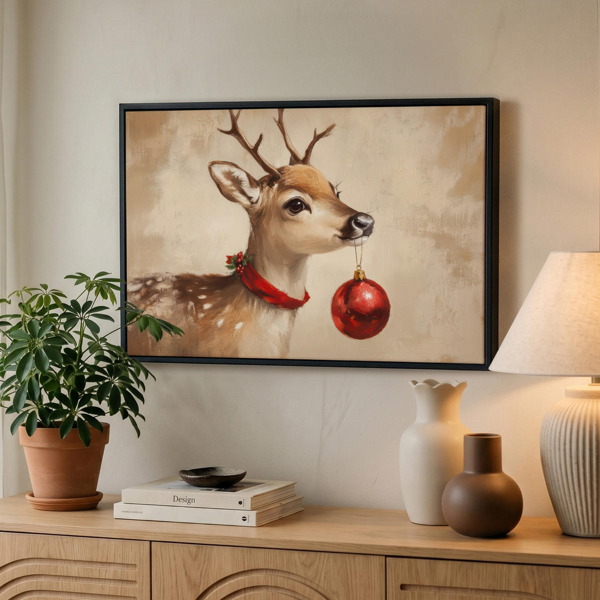 LEINWAND Bilder mit Rahmen - Weihnachten - Hirsch - Geweih - Weihnachtskugel - Rentier - 60x40 - Hellbraun, Textil (60/40cm) - MuchoWow