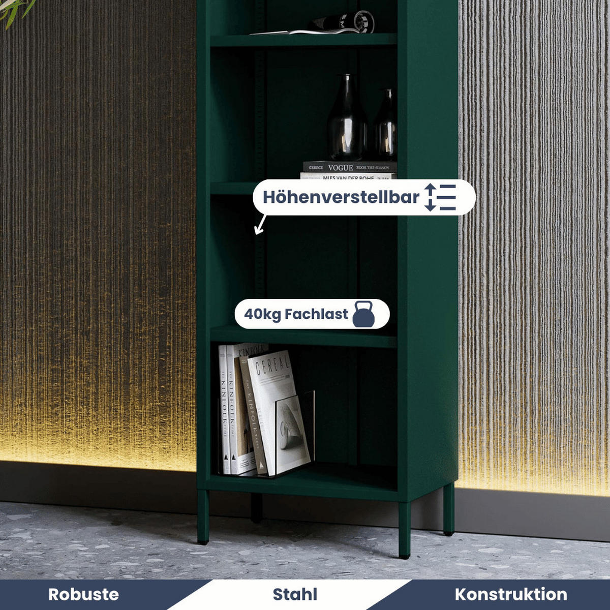 BÜCHERREGAL Metall CLIEN 5 Ebenen 180x50x35cm Dunkelgrün - Dunkelgrün, Metall (50/180/35cm) - DELUKE