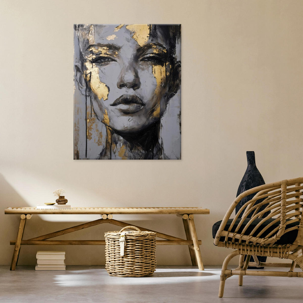 BILDER Frau Abstrakt Grau Gold 100x70 - Multicolor, Holzwerkstoff (70/100cm) - Wallarena