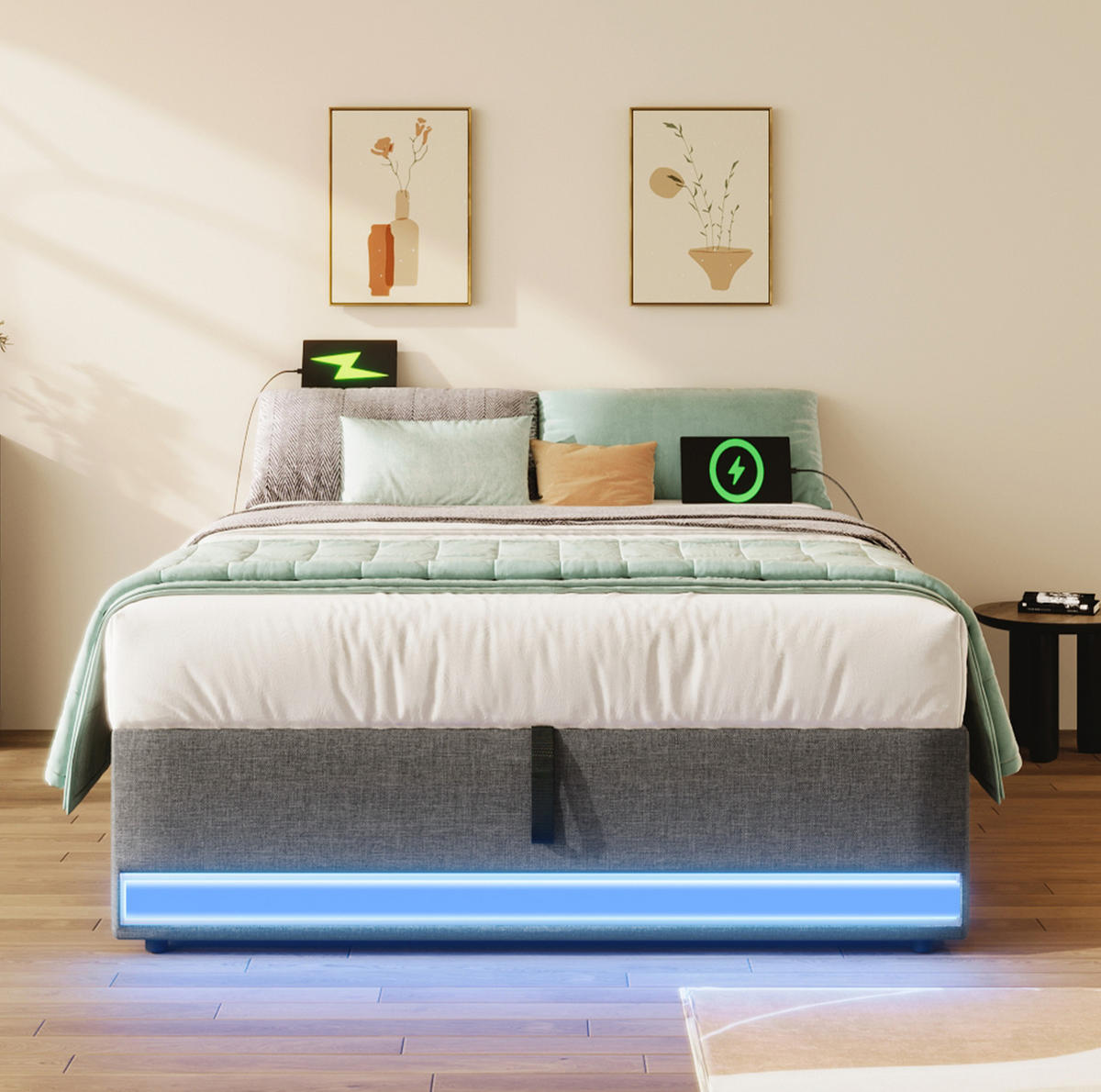 TAPECIRANI krevet 90/200 cm sivi od lana s LED rasvjetom, USB i Type-C priključcima - siva, tekstil (90/200cm) - OKWISH