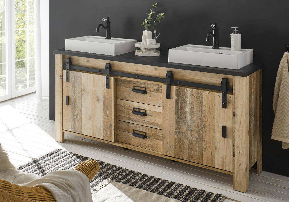 DOPPELWASCHTISCH Used Wood hell, anthrazit, Waschtisch Set inkl. 2 x Waschbecken 164 cm - Eichefarben/Anthrazit, Holz/Holzwerkstoff (164/81/43cm) - Furn.Design