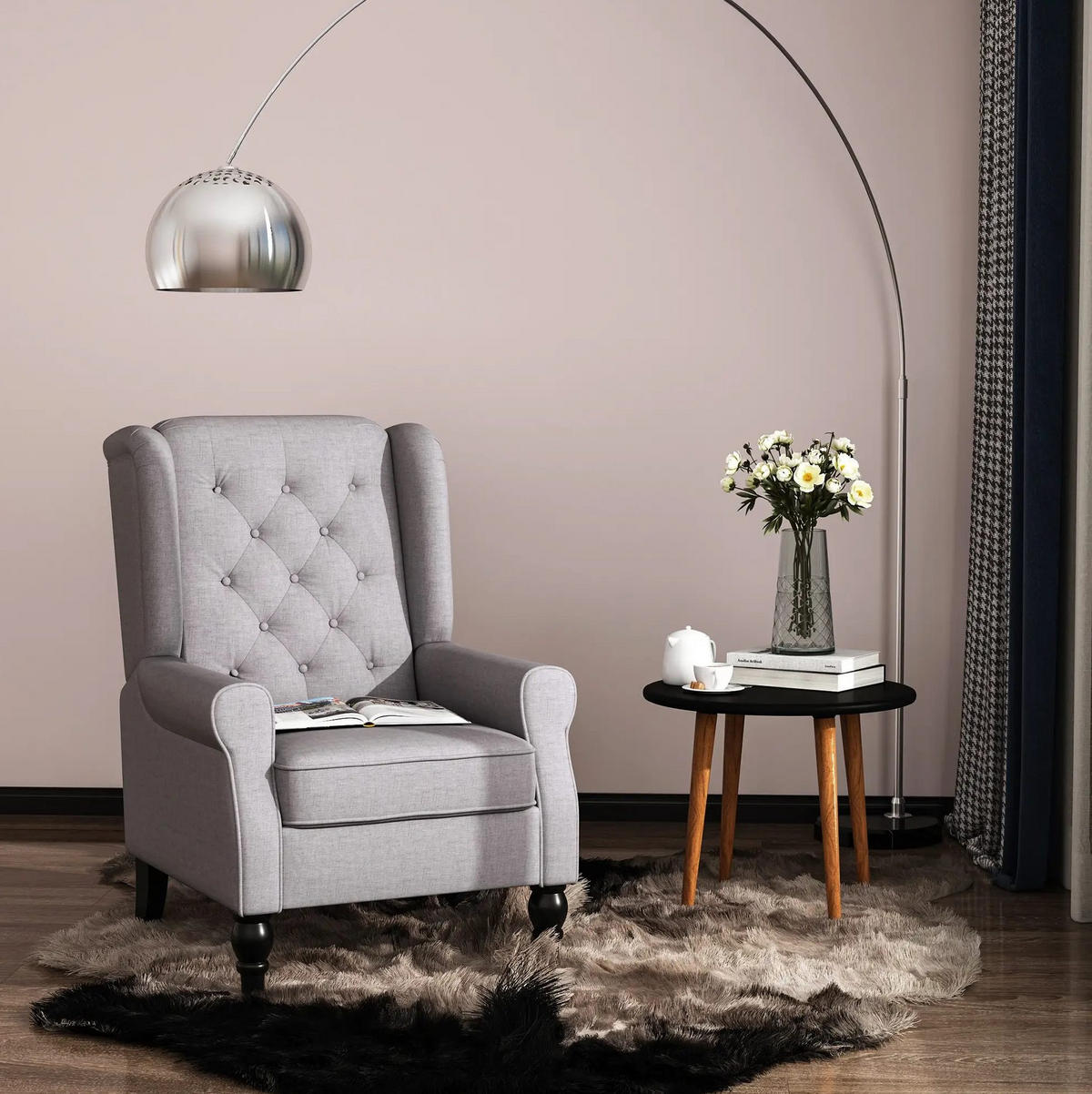 KŘESLO 86/74/102 cm šedé z polyesteru s vysokým opěradlem a knoflíkovým prošíváním - šedá, textil (86/102/74cm) - OKWISH