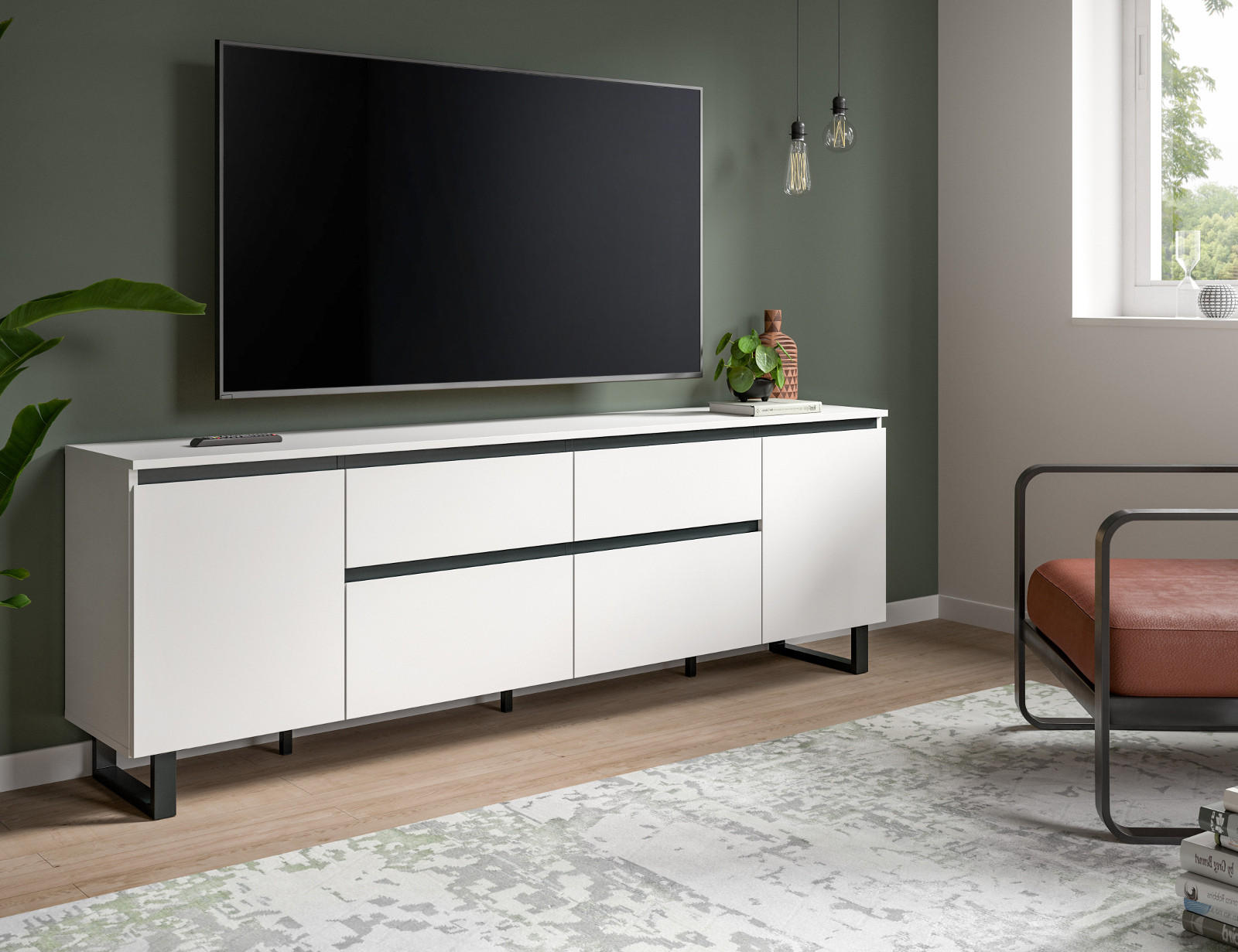 Thumbnail - Inn.Furn Tv-Lowboard, Weiß, Schwarz, Holzwerkstoff, Nachbildung, Uni, 2 Fächer, 2 Schubladen, Rechteckig, 188x65x36 cm, ...