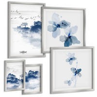 BILDER SET 5er Set - 50x50 cm & 20x30 cm & 40x60 cm Silberner Rahmen - Berge, Wolken, Bäume, Vögel im Hintergrund - Silberfarben, Kunststoff (40/60cm) - TULUP