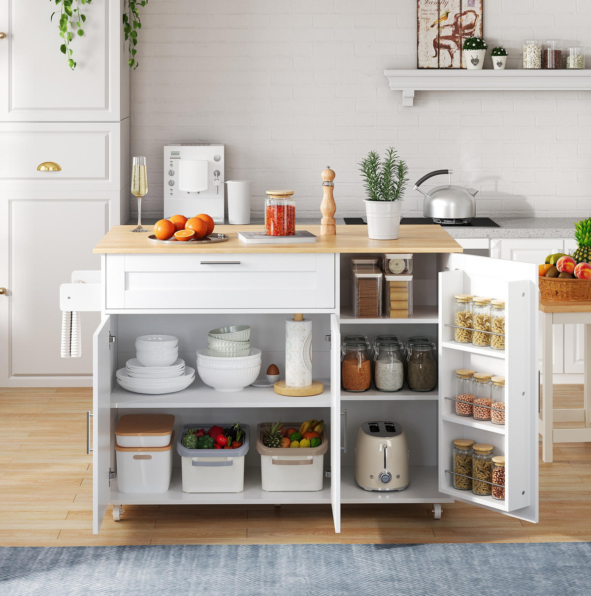 KÜCHENINSEL 132,5/90/44(70) cm Weiß/Natur aus MDF mit klappbarer Arbeitsplatte - Weiß, Holzwerkstoff (44/90/132.5cm) - OKMYHOME
