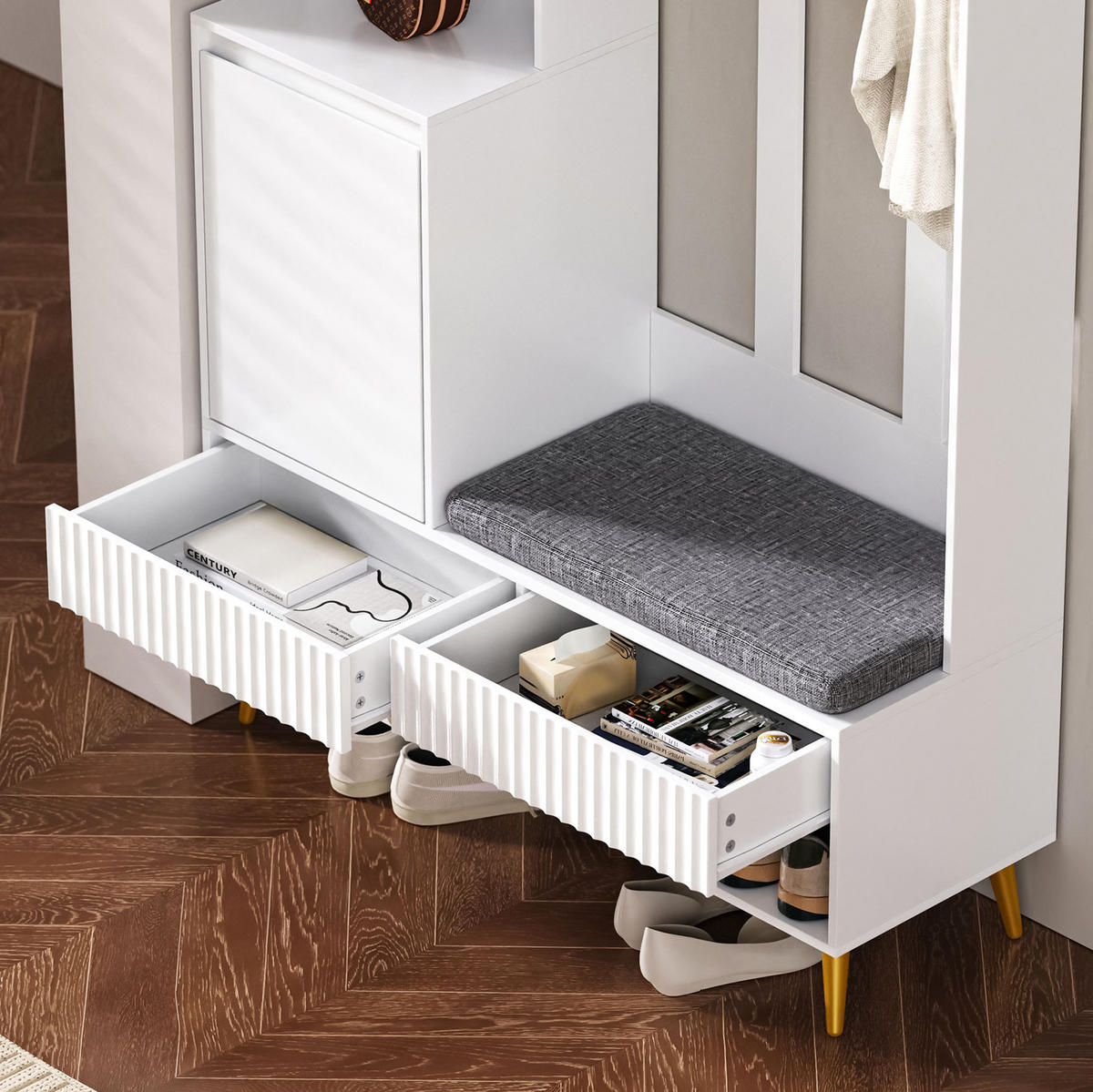GARDEROBE 100/180/35 cm Weiß aus MDF mit Sitzbank und Schubladen - Weiß, Holzwerkstoff (35/180/100cm) - OKMYHOME