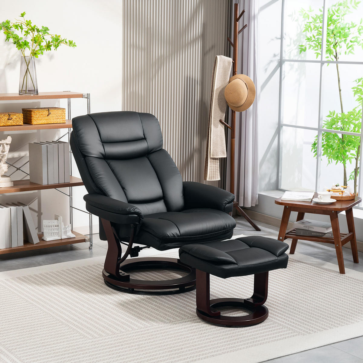 RELAXSESSEL mit Hocker drehbarer Fernsehsessel mit Liegefunktion Taschenfeder - Schwarz, Kunststoff (83/107/86cm) - HOMCOM